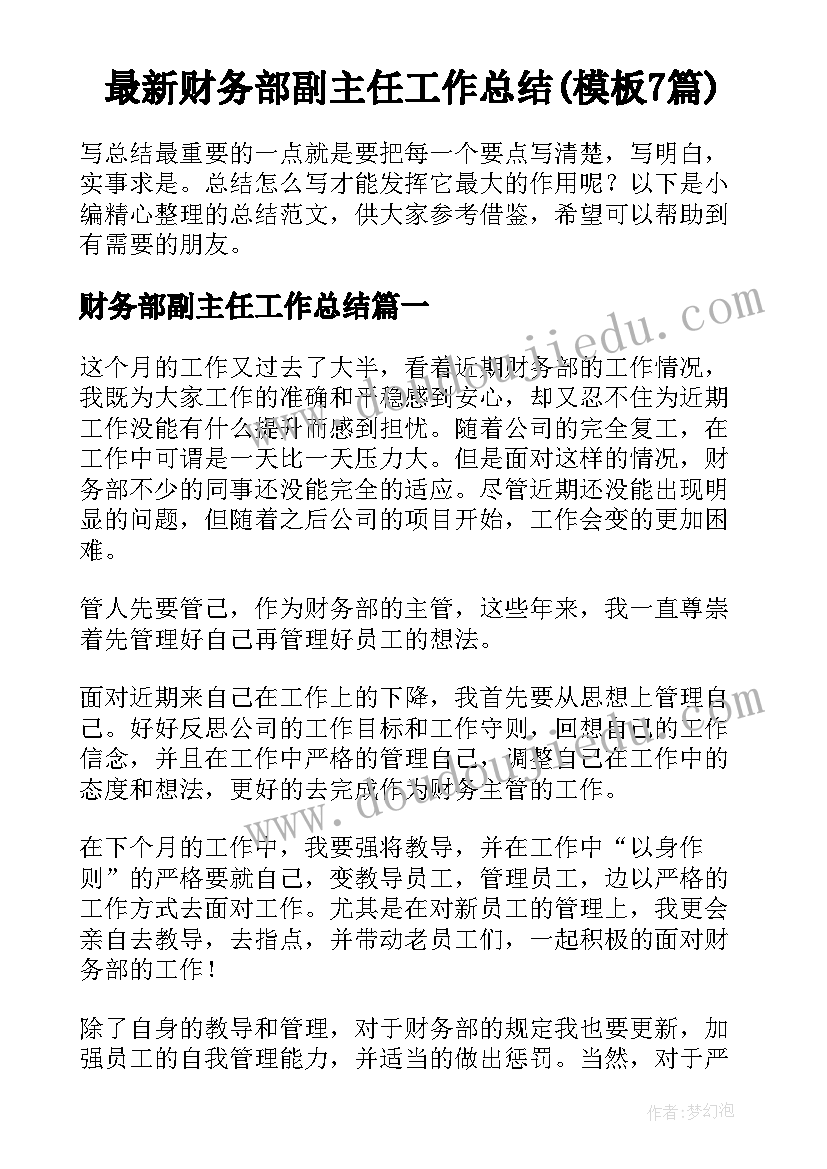 最新财务部副主任工作总结(模板7篇)