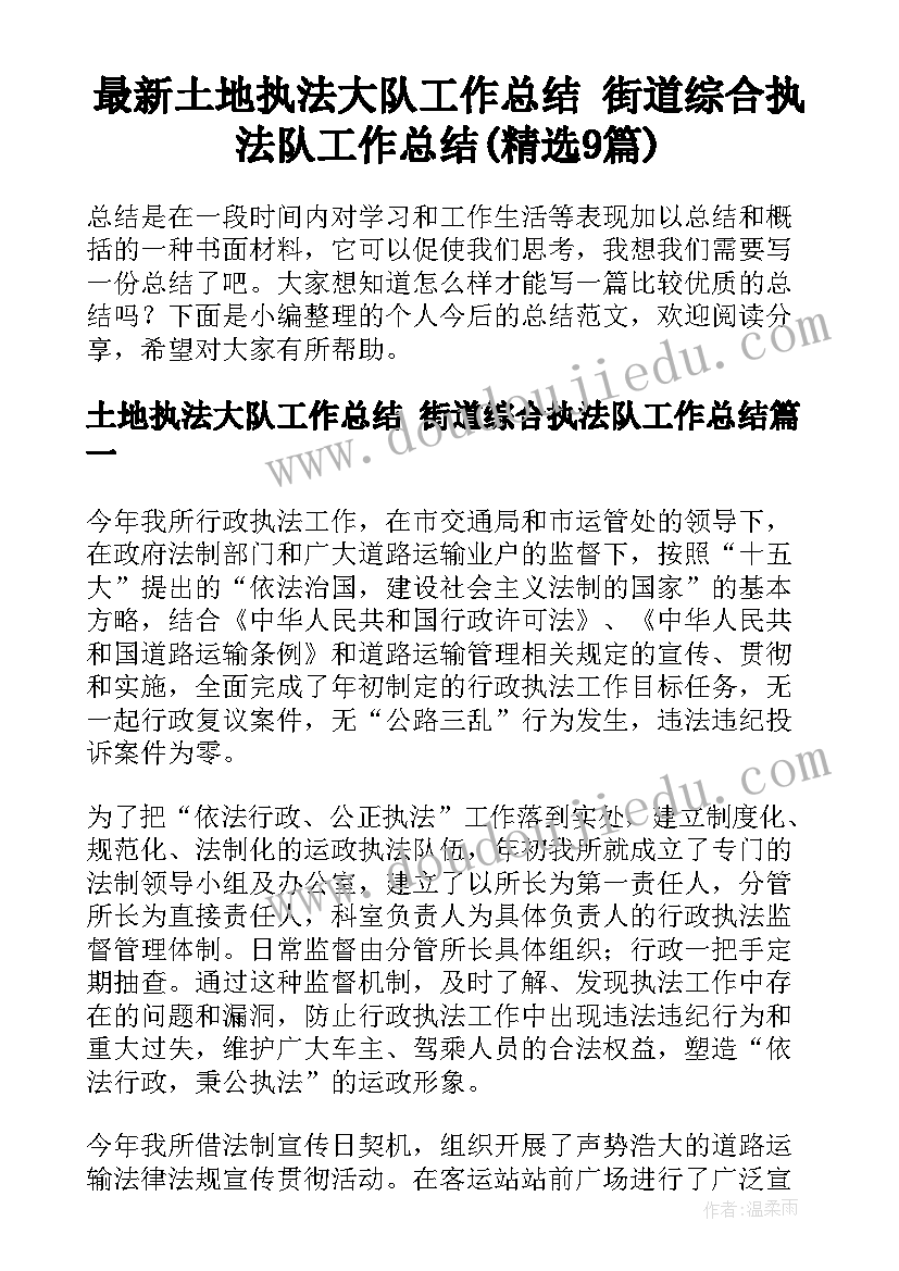 最新土地执法大队工作总结 街道综合执法队工作总结(精选9篇)