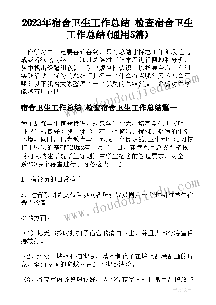 2023年宿舍卫生工作总结 检查宿舍卫生工作总结(通用5篇)