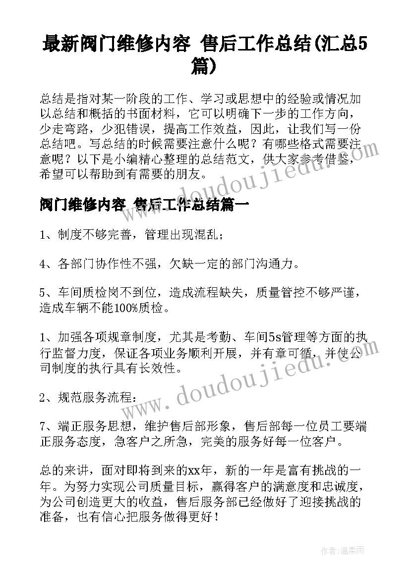 最新阀门维修内容 售后工作总结(汇总5篇)