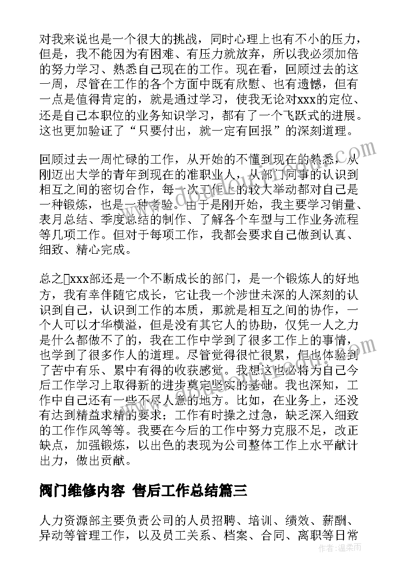 最新阀门维修内容 售后工作总结(汇总5篇)