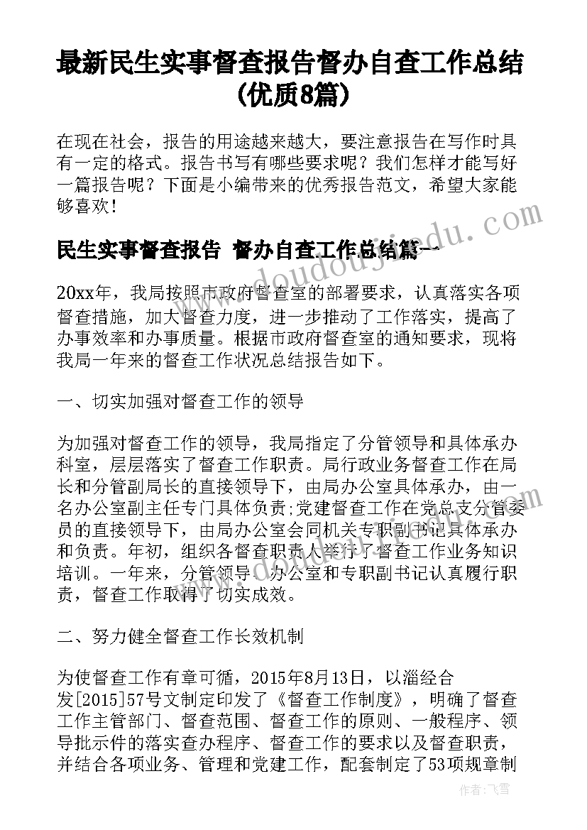 最新民生实事督查报告 督办自查工作总结(优质8篇)