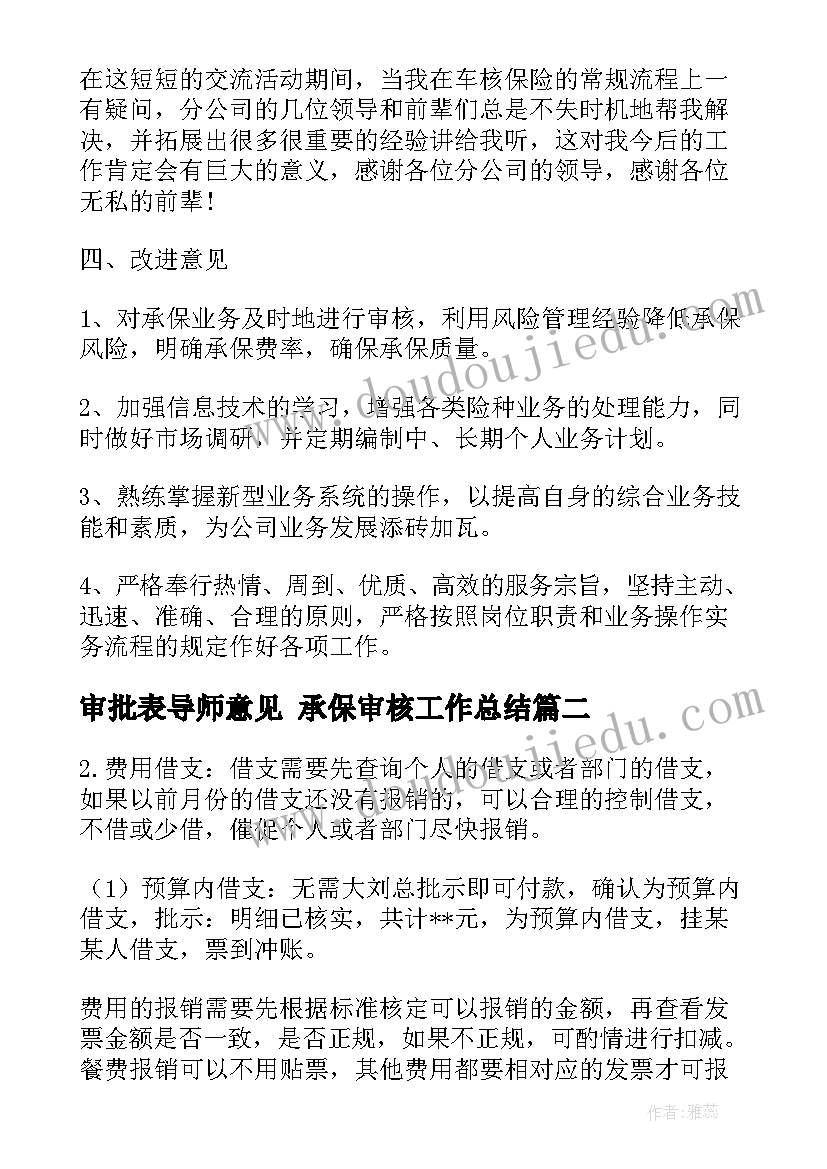 最新审批表导师意见 承保审核工作总结(模板6篇)