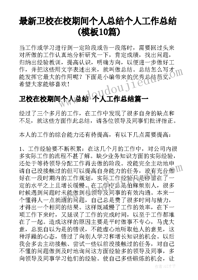 最新卫校在校期间个人总结 个人工作总结(模板10篇)