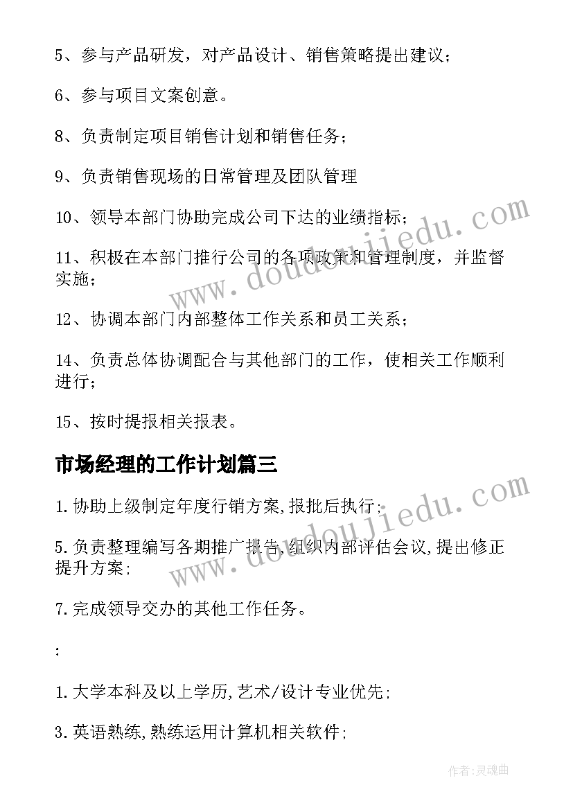 市场经理的工作计划(汇总6篇)