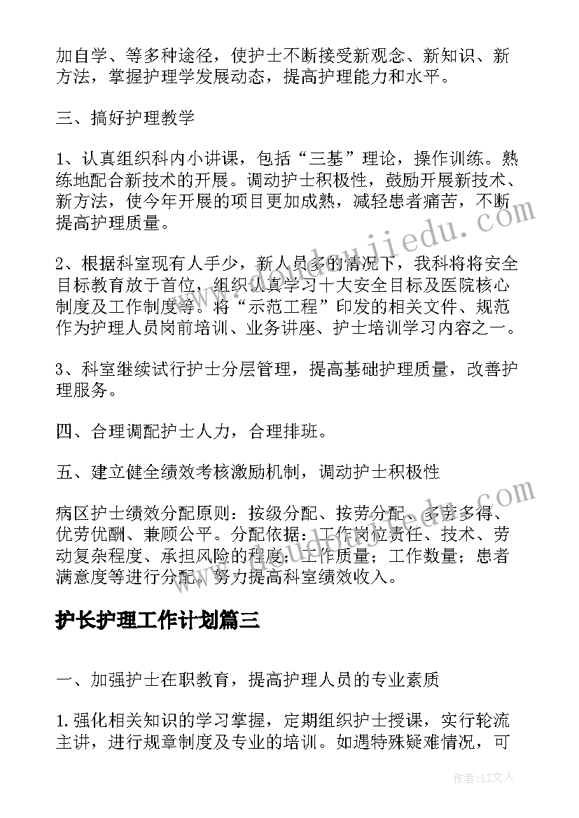 最新护长护理工作计划(通用6篇)