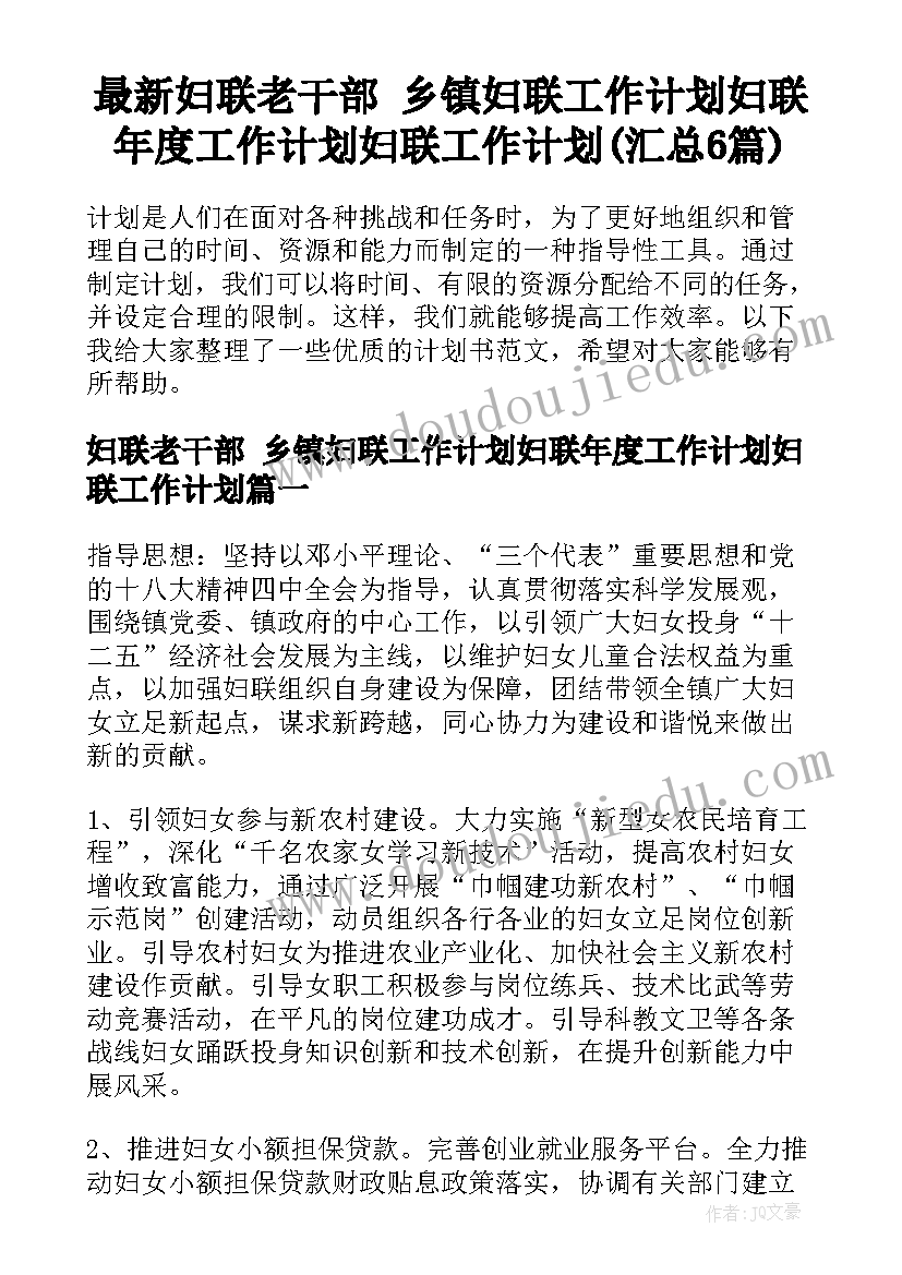 最新妇联老干部 乡镇妇联工作计划妇联年度工作计划妇联工作计划(汇总6篇)