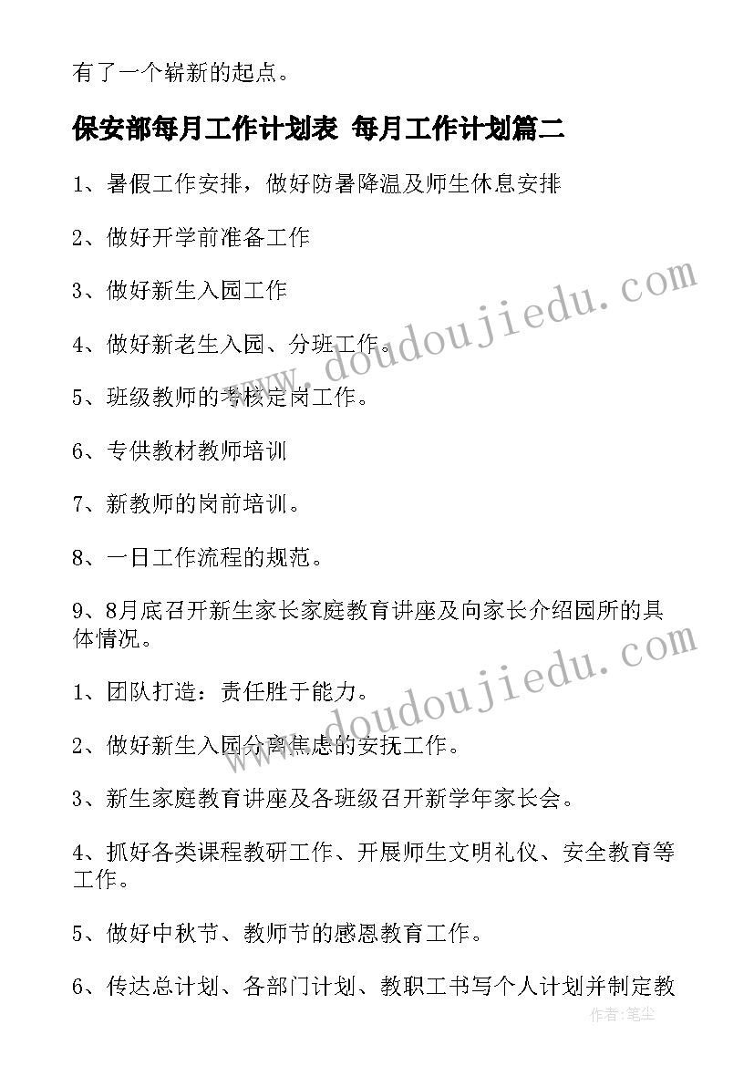 最新保安部每月工作计划表 每月工作计划(优秀6篇)