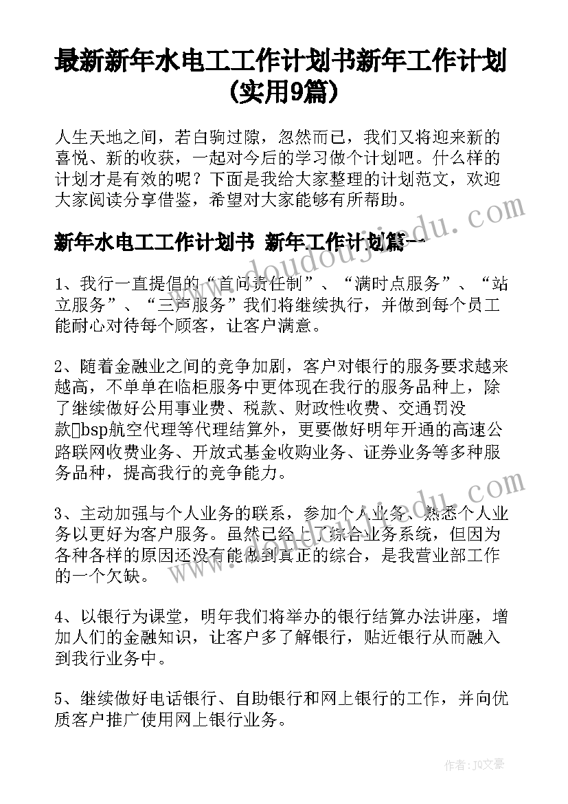 最新新年水电工工作计划书 新年工作计划(实用9篇)