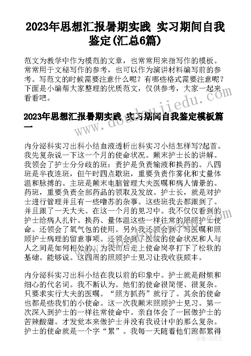 2023年思想汇报暑期实践 实习期间自我鉴定(汇总6篇)