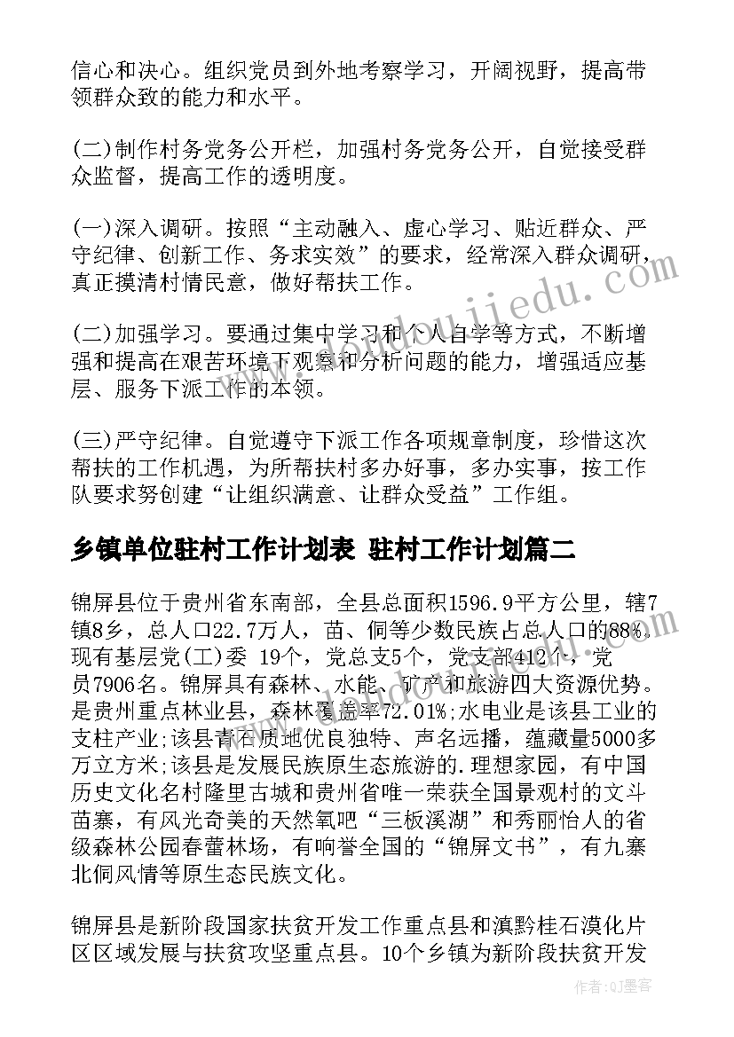 乡镇单位驻村工作计划表 驻村工作计划(精选7篇)