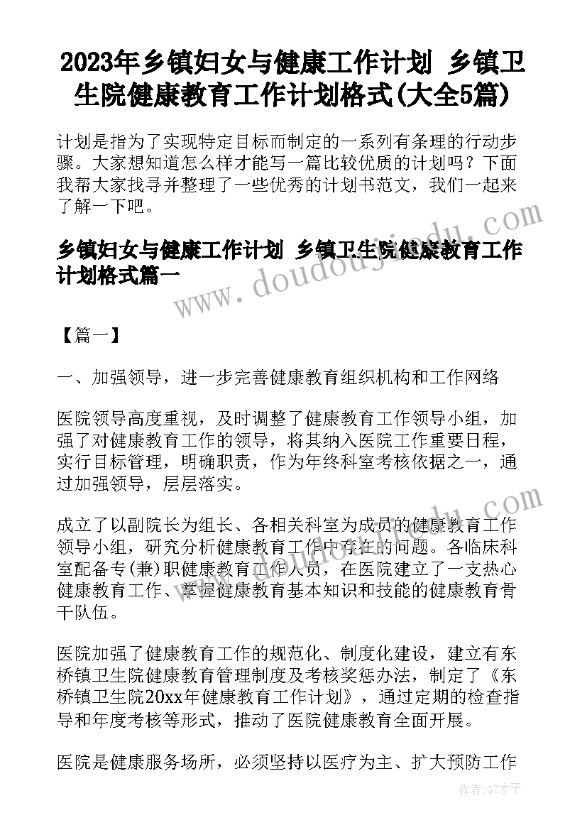 2023年乡镇妇女与健康工作计划 乡镇卫生院健康教育工作计划格式(大全5篇)