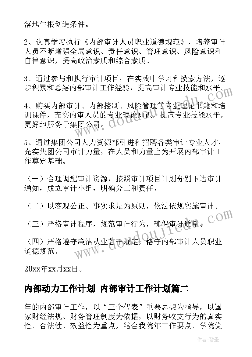 最新内部动力工作计划 内部审计工作计划(通用5篇)