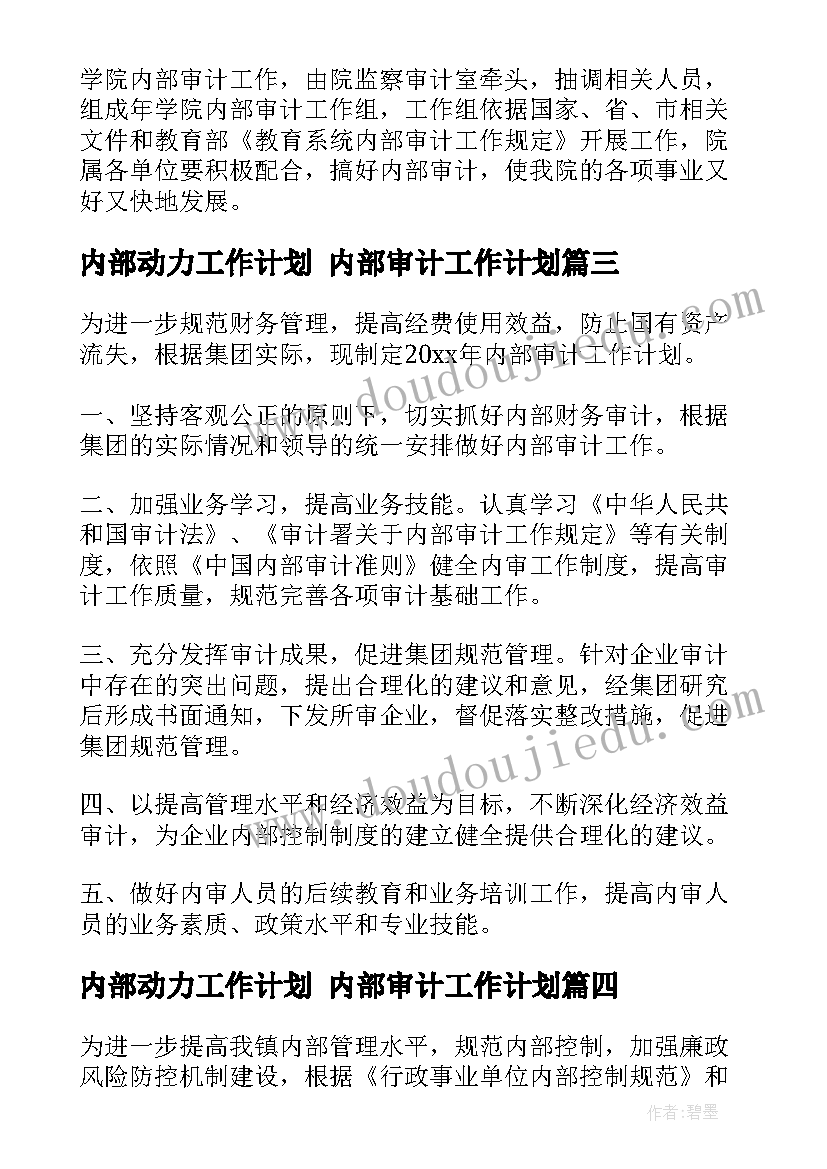 最新内部动力工作计划 内部审计工作计划(通用5篇)