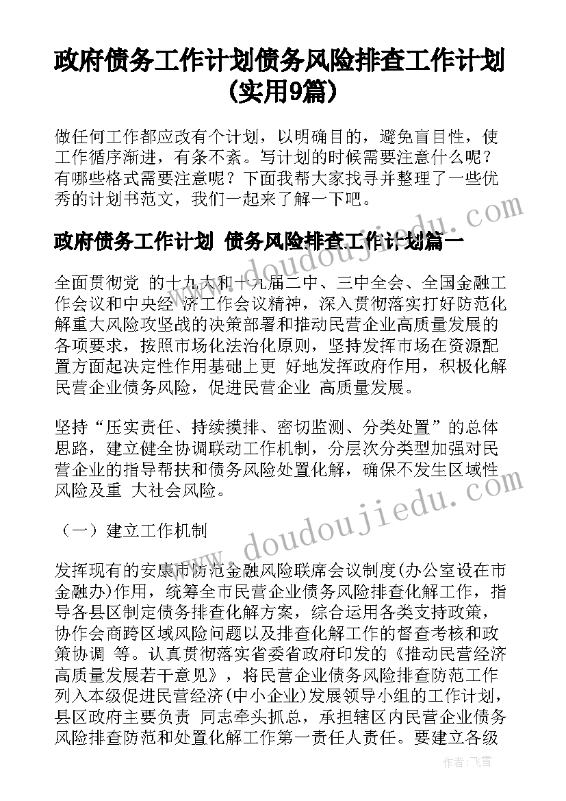 政府债务工作计划 债务风险排查工作计划(实用9篇)