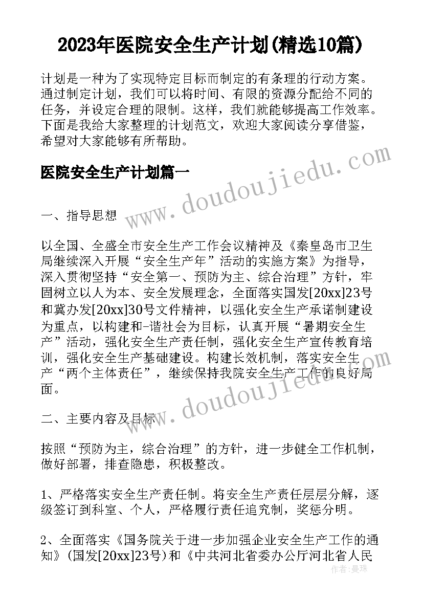 2023年医院安全生产计划(精选10篇)