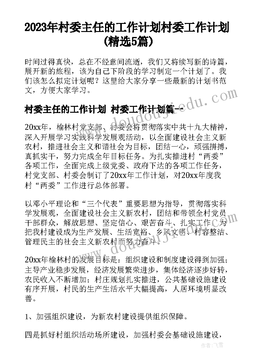 2023年村委主任的工作计划 村委工作计划(精选5篇)