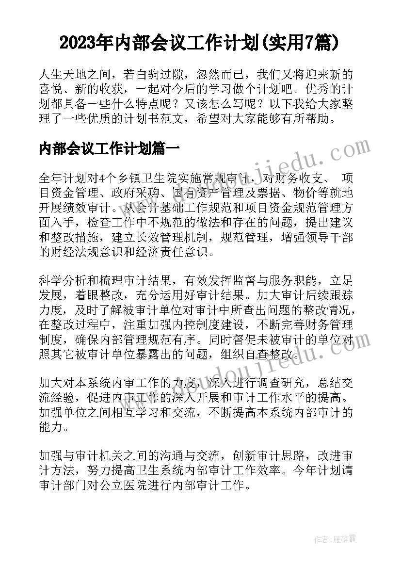 2023年内部会议工作计划(实用7篇)