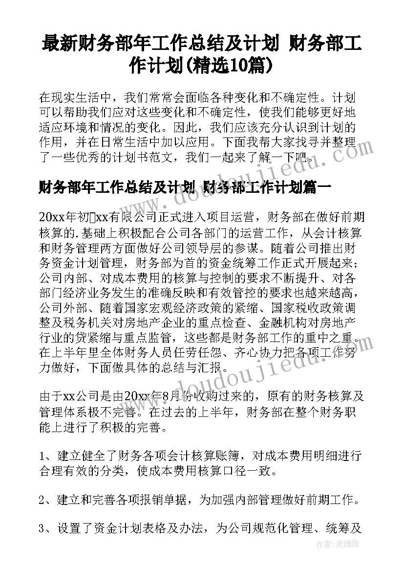 最新财务部年工作总结及计划 财务部工作计划(精选10篇)