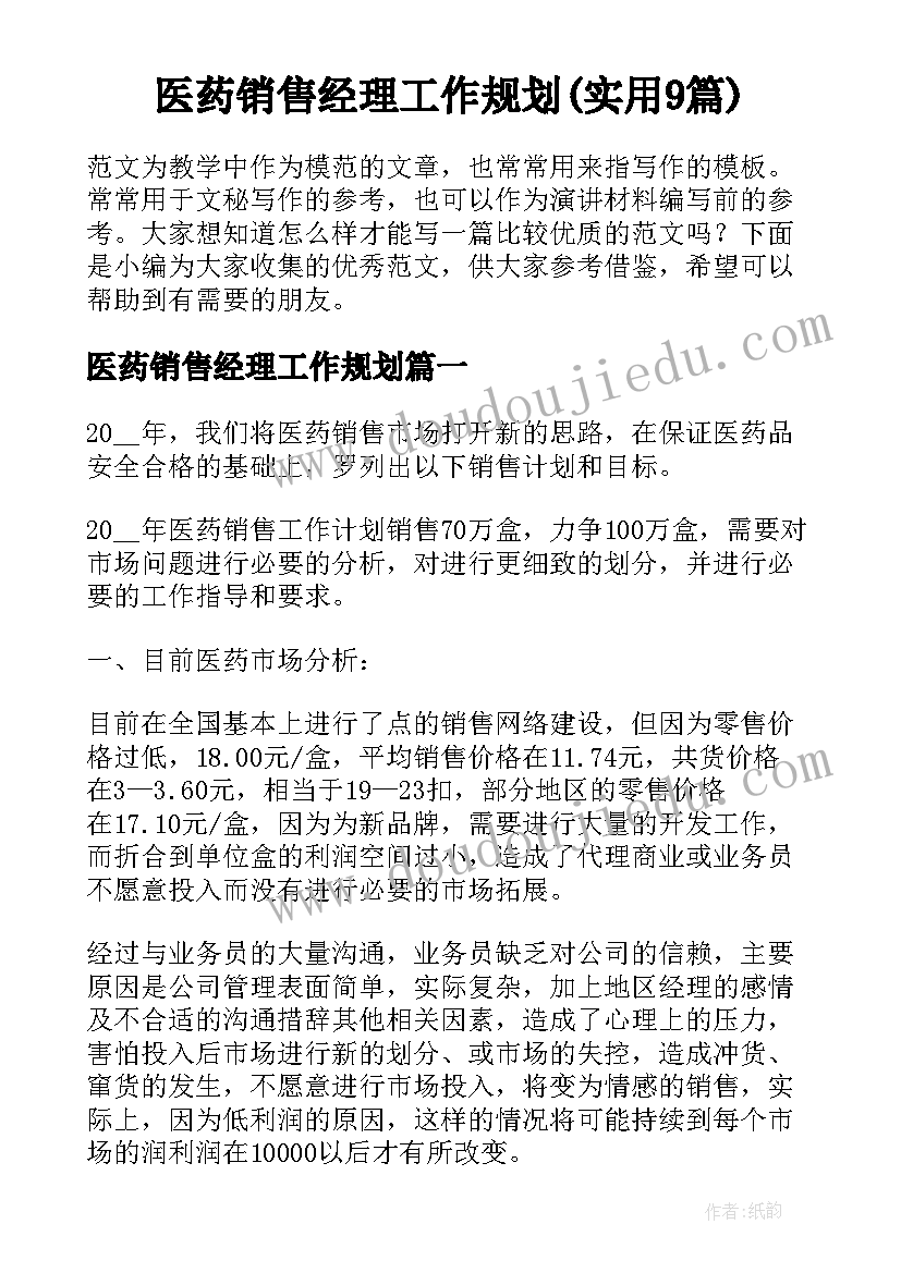 医药销售经理工作规划(实用9篇)