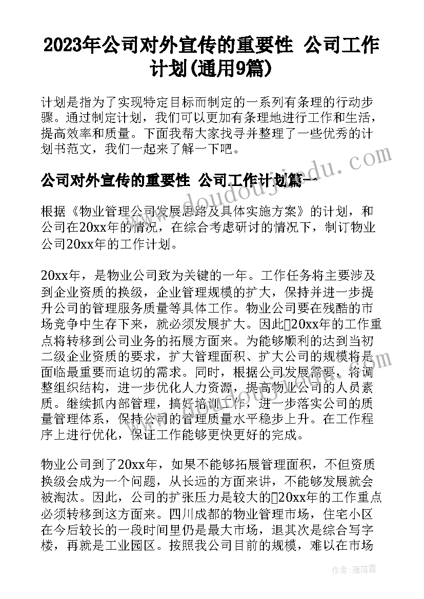 2023年公司对外宣传的重要性 公司工作计划(通用9篇)