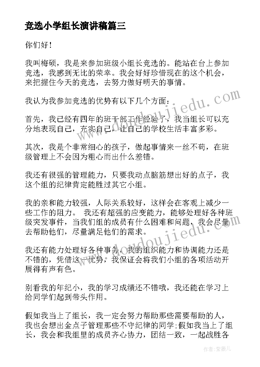 竞选小学组长演讲稿 组长竞选演讲稿(优质7篇)