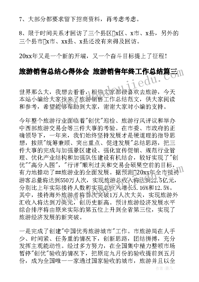 2023年旅游销售总结心得体会 旅游销售年终工作总结(优秀10篇)