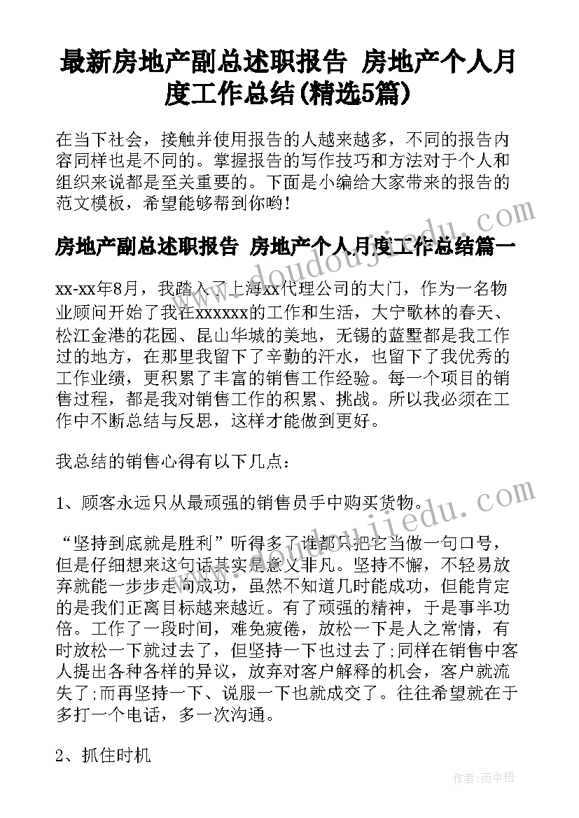 最新房地产副总述职报告 房地产个人月度工作总结(精选5篇)