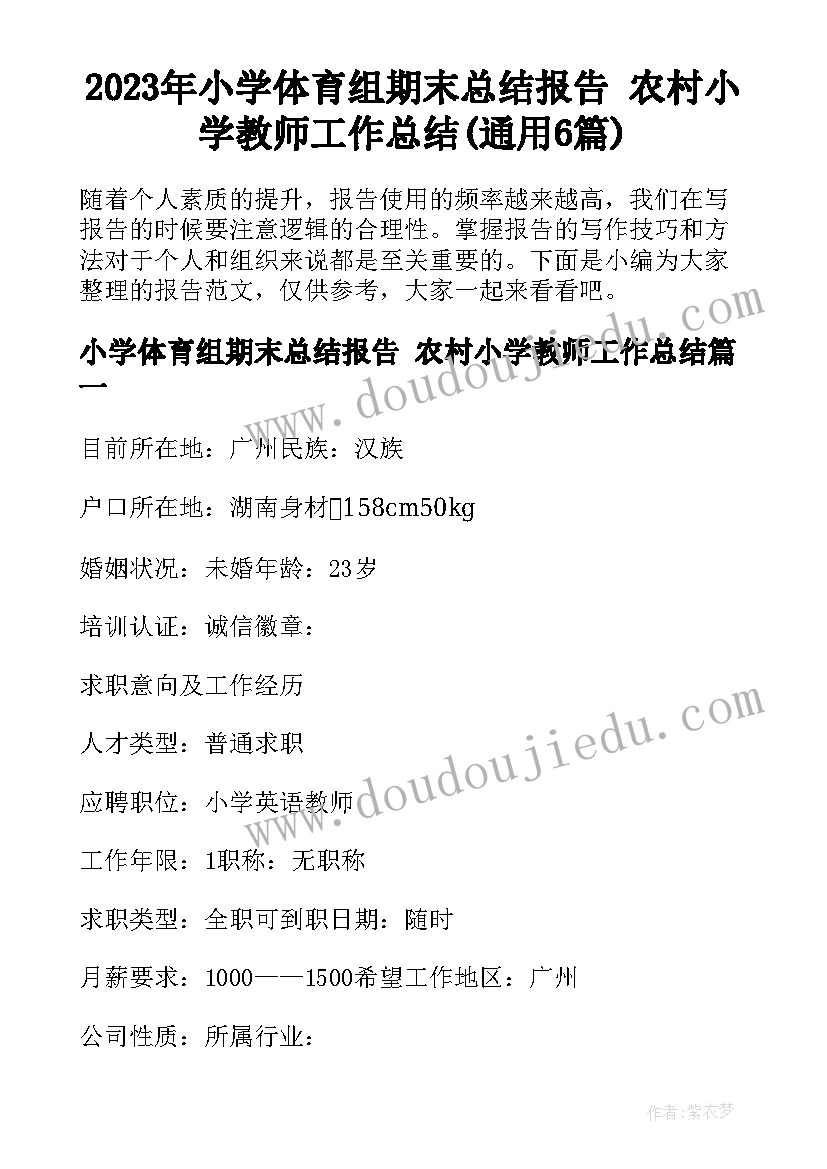 2023年小学体育组期末总结报告 农村小学教师工作总结(通用6篇)