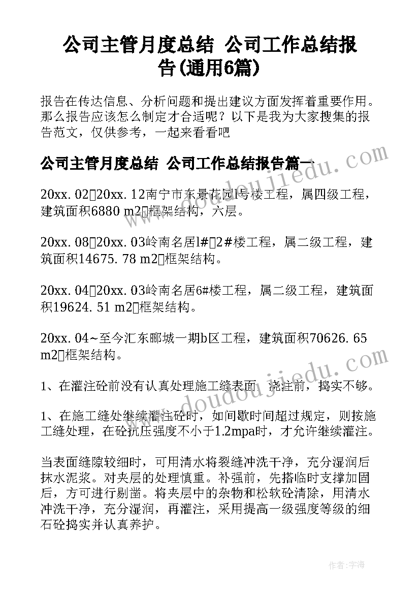 公司主管月度总结 公司工作总结报告(通用6篇)