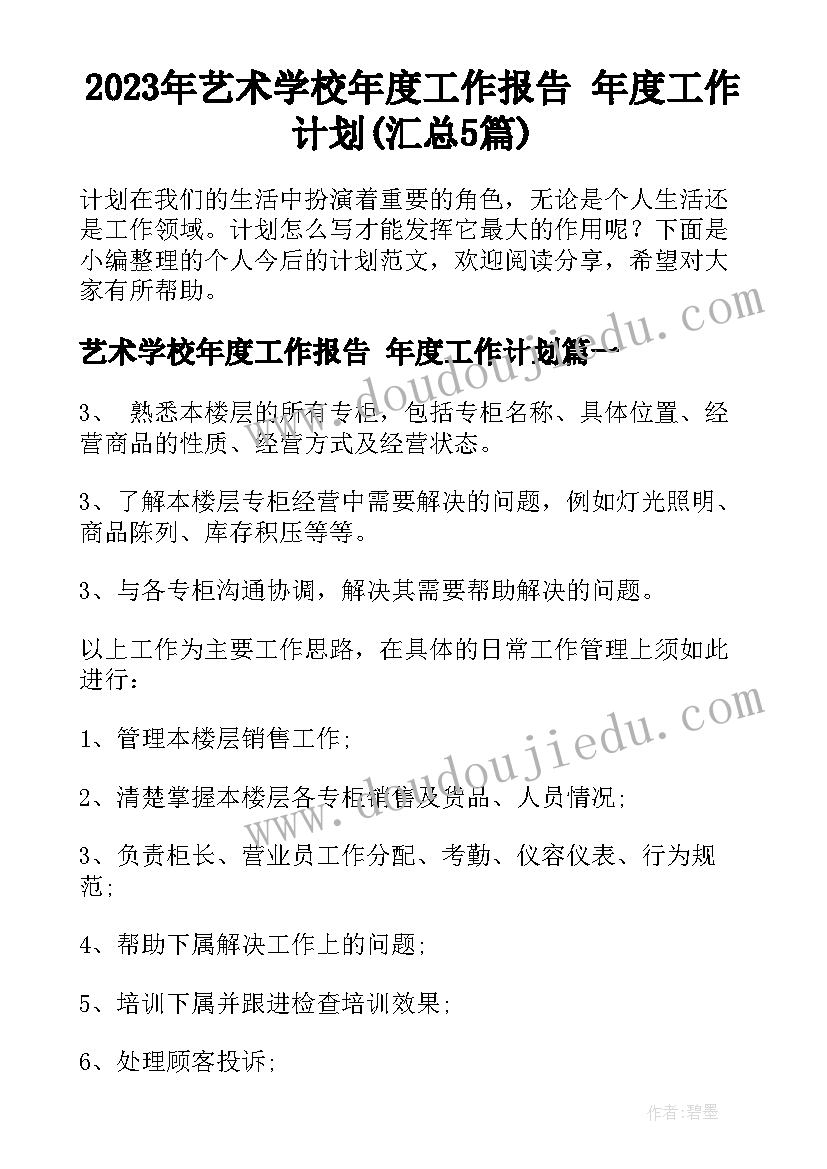 2023年艺术学校年度工作报告 年度工作计划(汇总5篇)