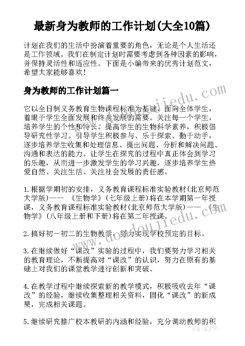 最新身为教师的工作计划(大全10篇)