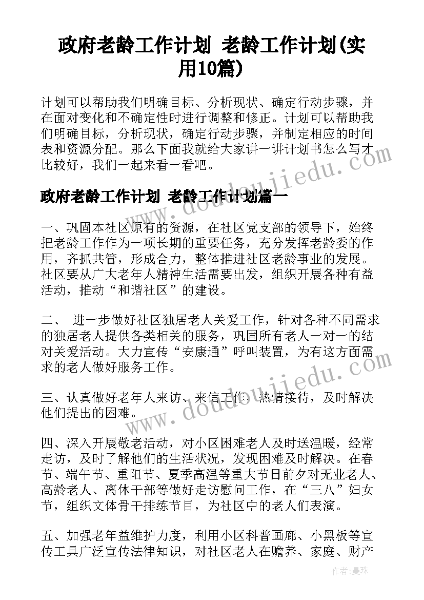 政府老龄工作计划 老龄工作计划(实用10篇)