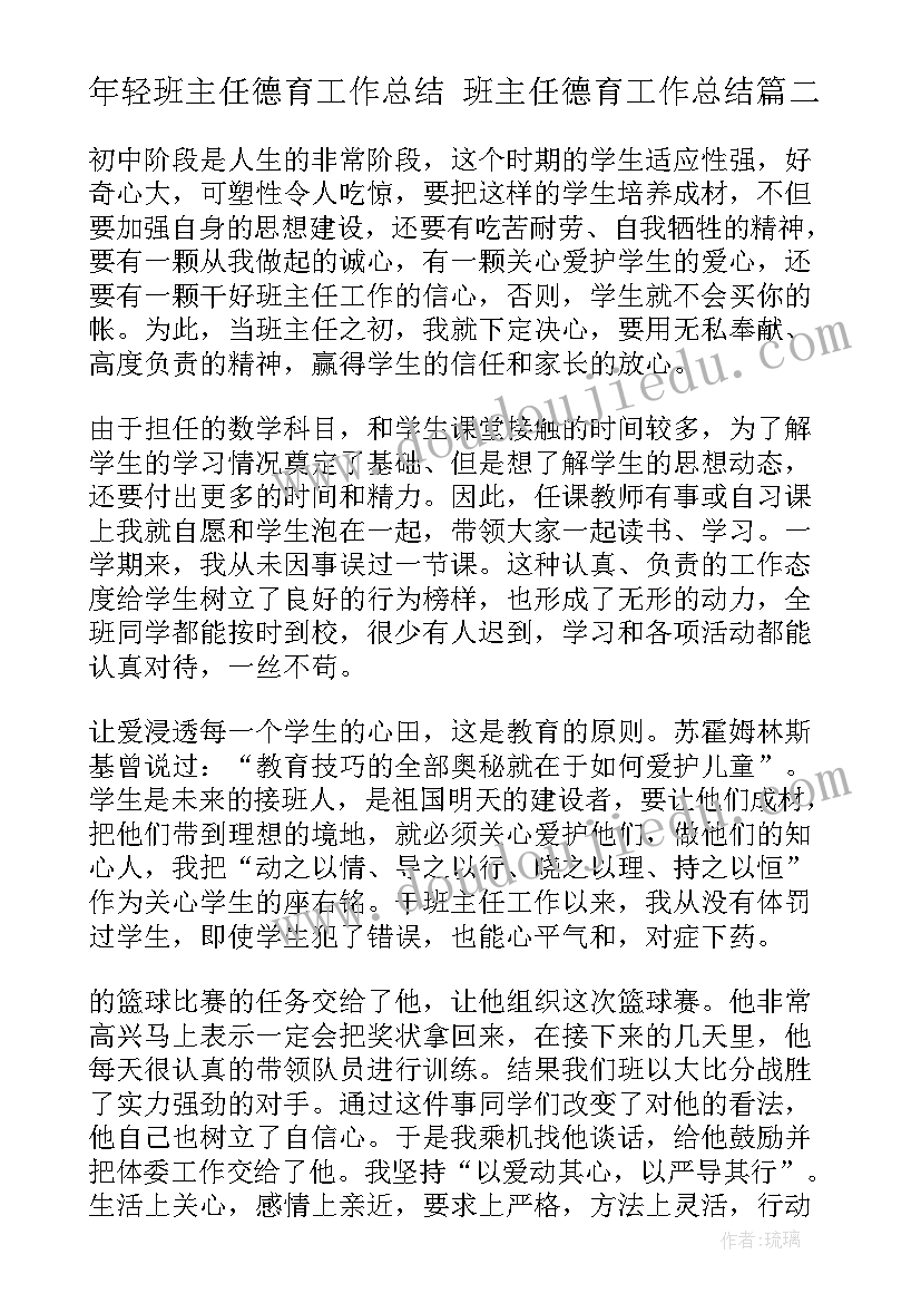 2023年年轻班主任德育工作总结 班主任德育工作总结(模板9篇)