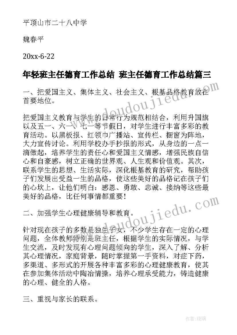 2023年年轻班主任德育工作总结 班主任德育工作总结(模板9篇)