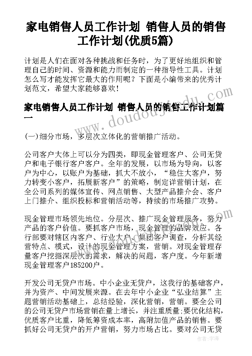 家电销售人员工作计划 销售人员的销售工作计划(优质5篇)