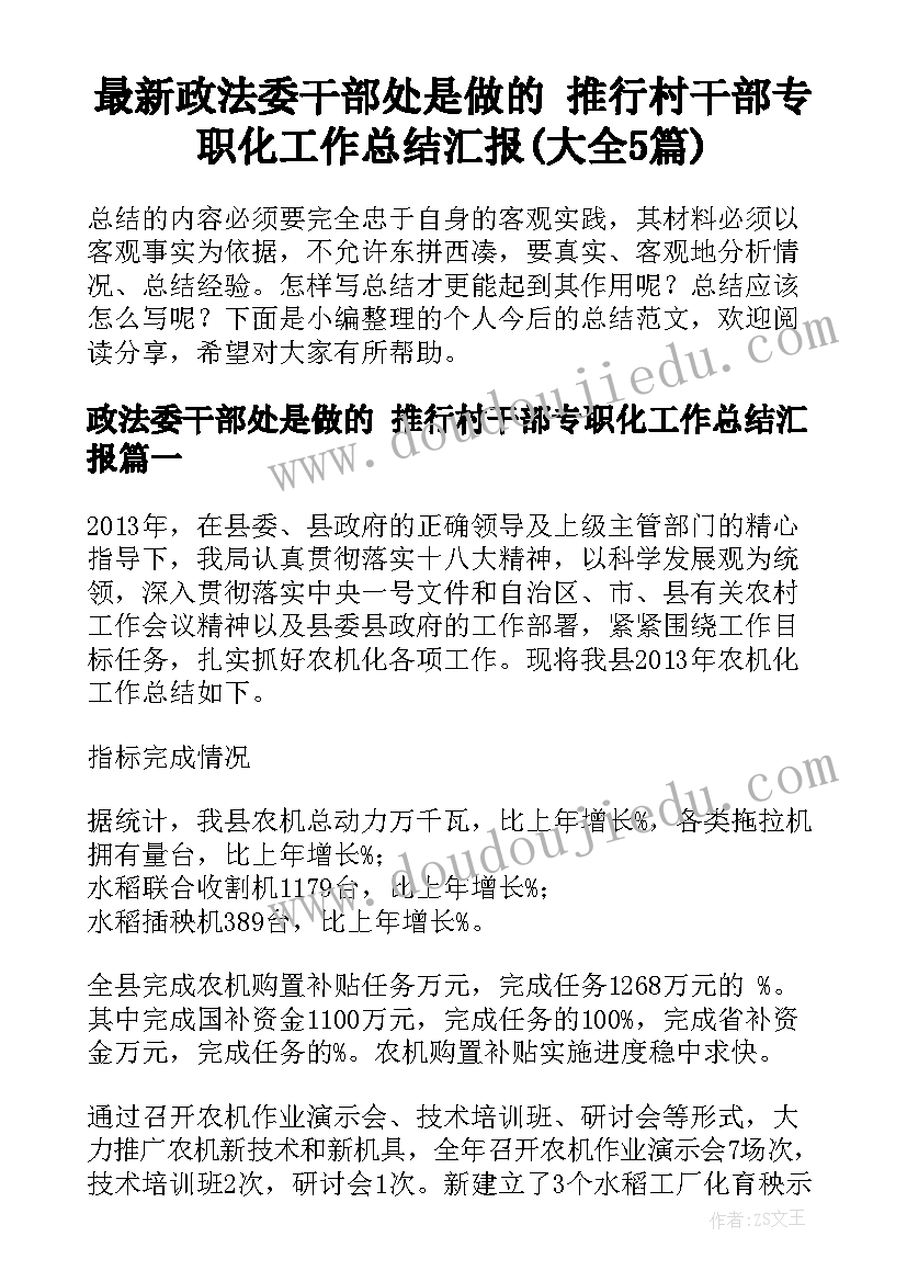 最新政法委干部处是做的 推行村干部专职化工作总结汇报(大全5篇)