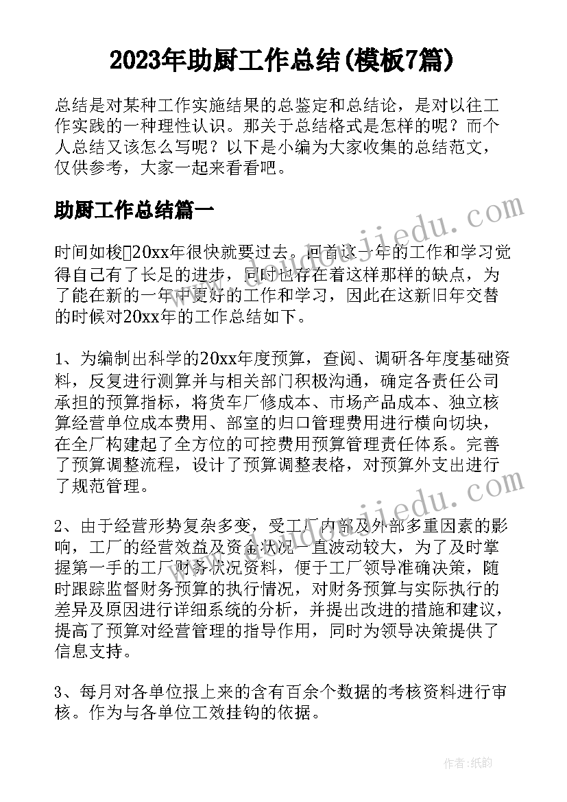 2023年助厨工作总结(模板7篇)