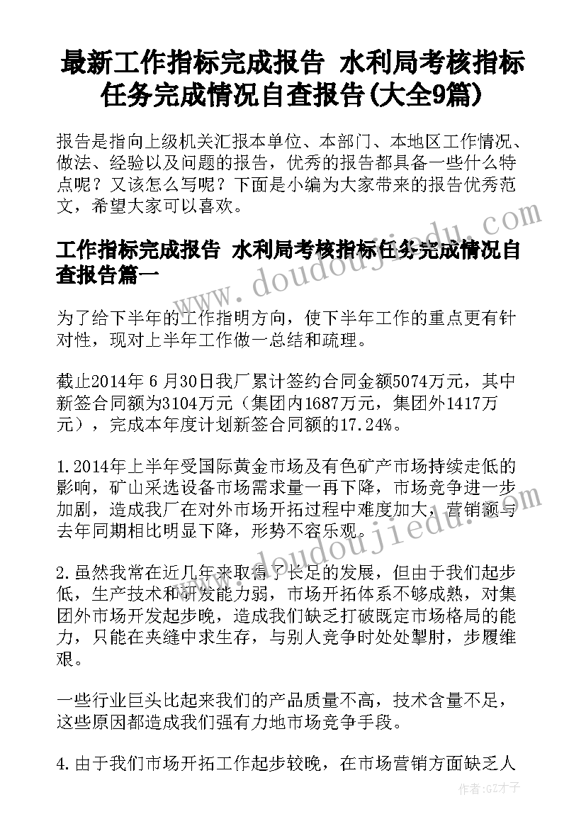 最新工作指标完成报告 水利局考核指标任务完成情况自查报告(大全9篇)