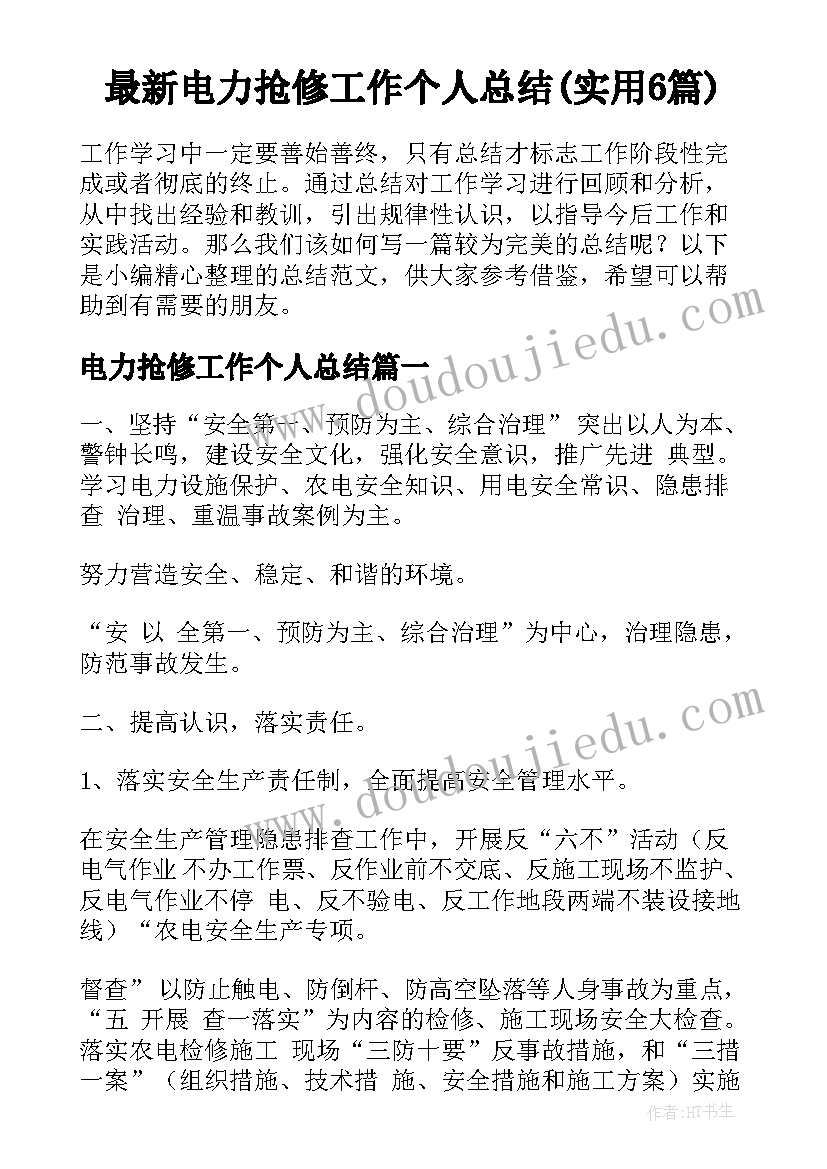 最新电力抢修工作个人总结(实用6篇)