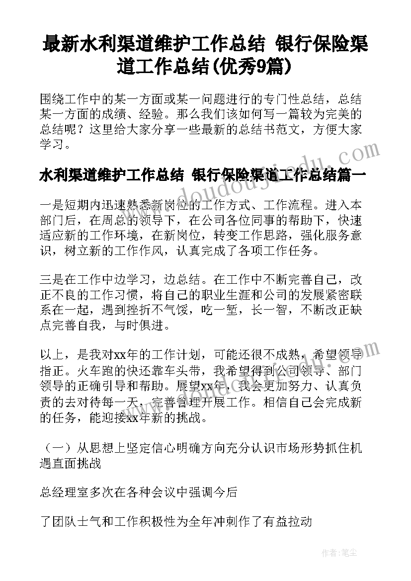 最新水利渠道维护工作总结 银行保险渠道工作总结(优秀9篇)