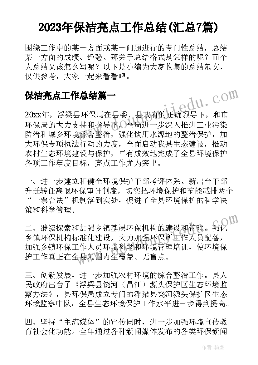 2023年保洁亮点工作总结(汇总7篇)