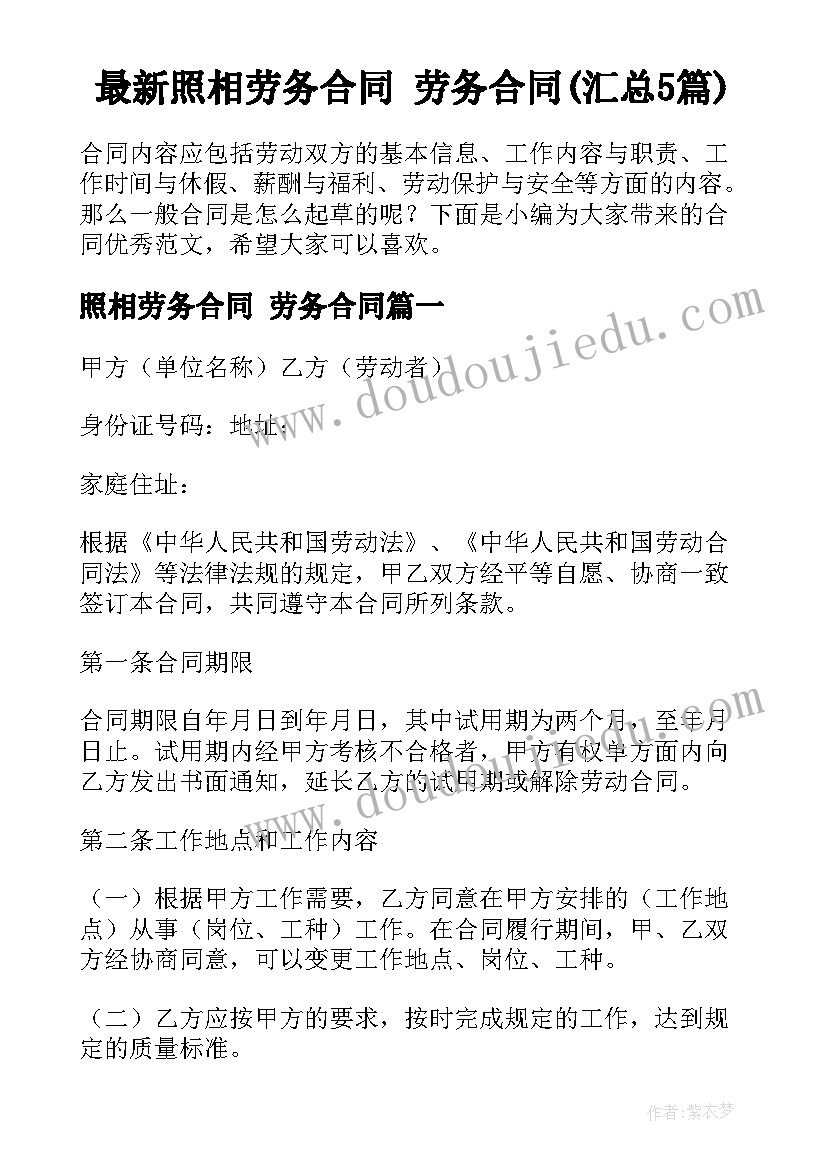 最新照相劳务合同 劳务合同(汇总5篇)