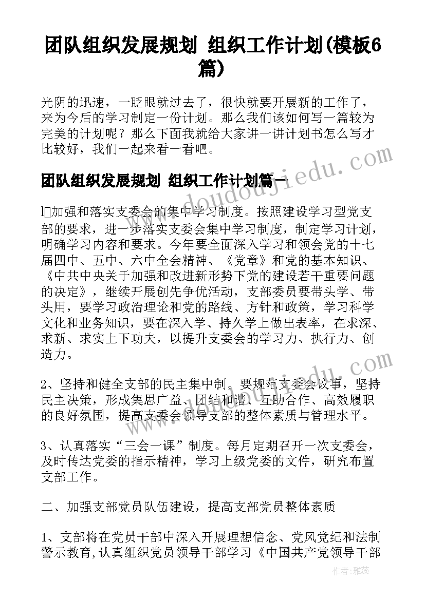 团队组织发展规划 组织工作计划(模板6篇)