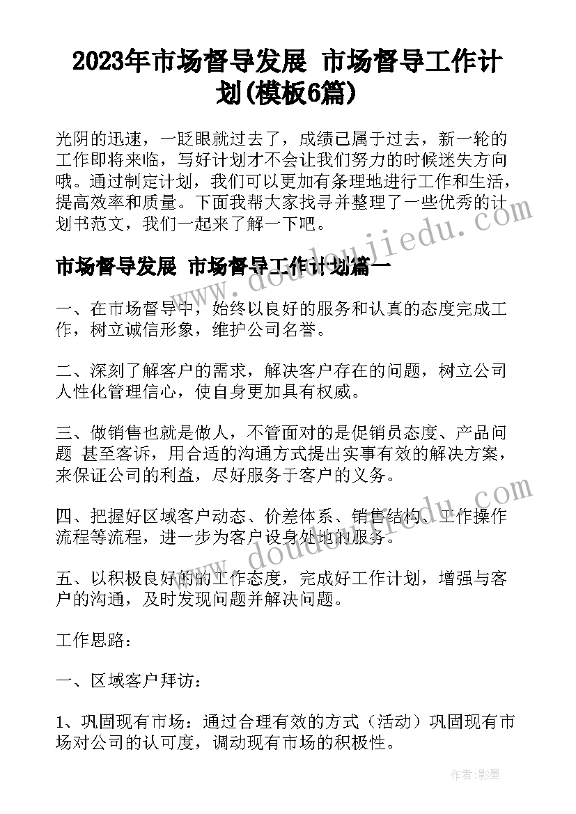 2023年市场督导发展 市场督导工作计划(模板6篇)