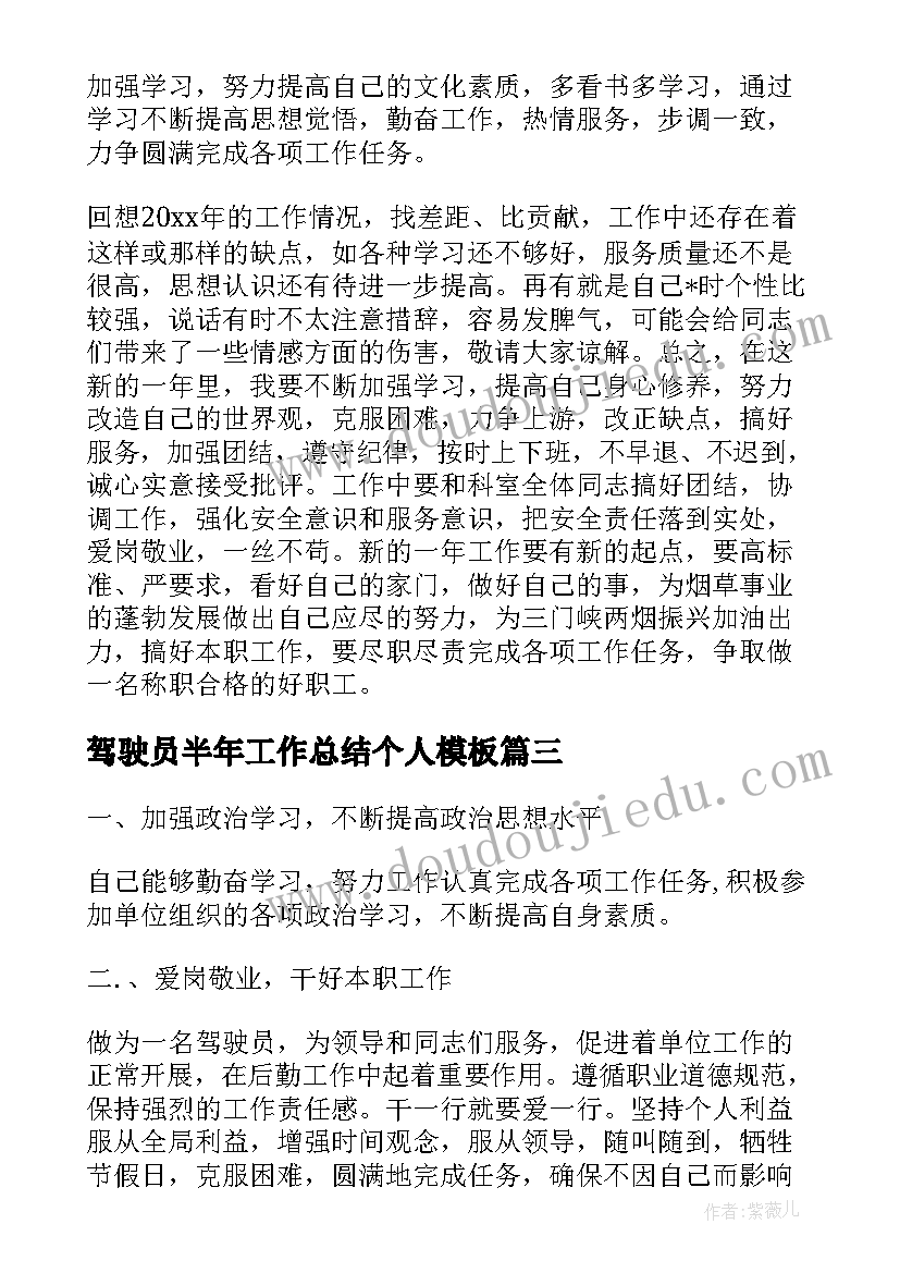 2023年驾驶员半年工作总结个人(模板5篇)