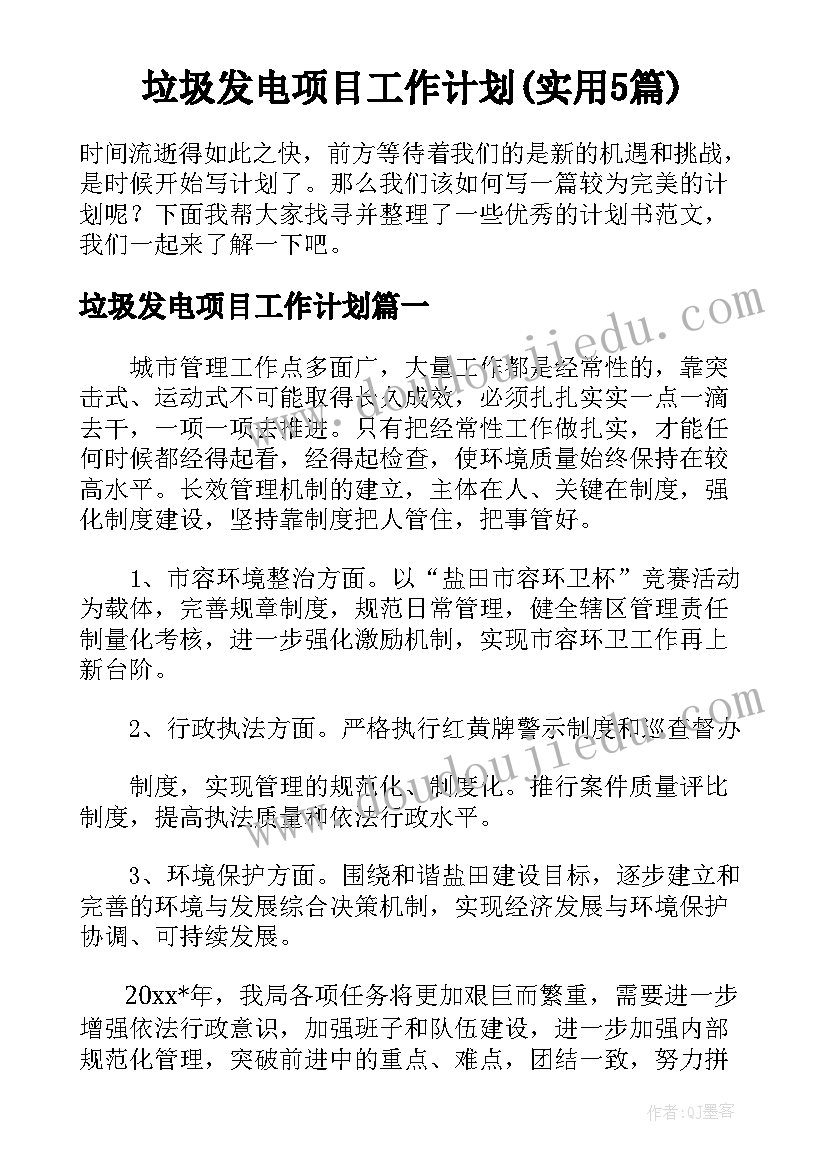 垃圾发电项目工作计划(实用5篇)