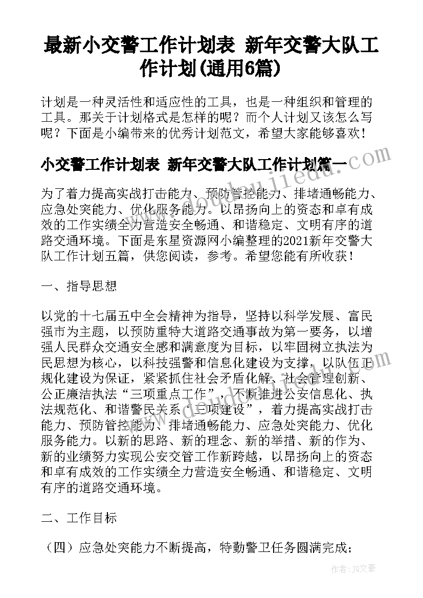 最新小交警工作计划表 新年交警大队工作计划(通用6篇)