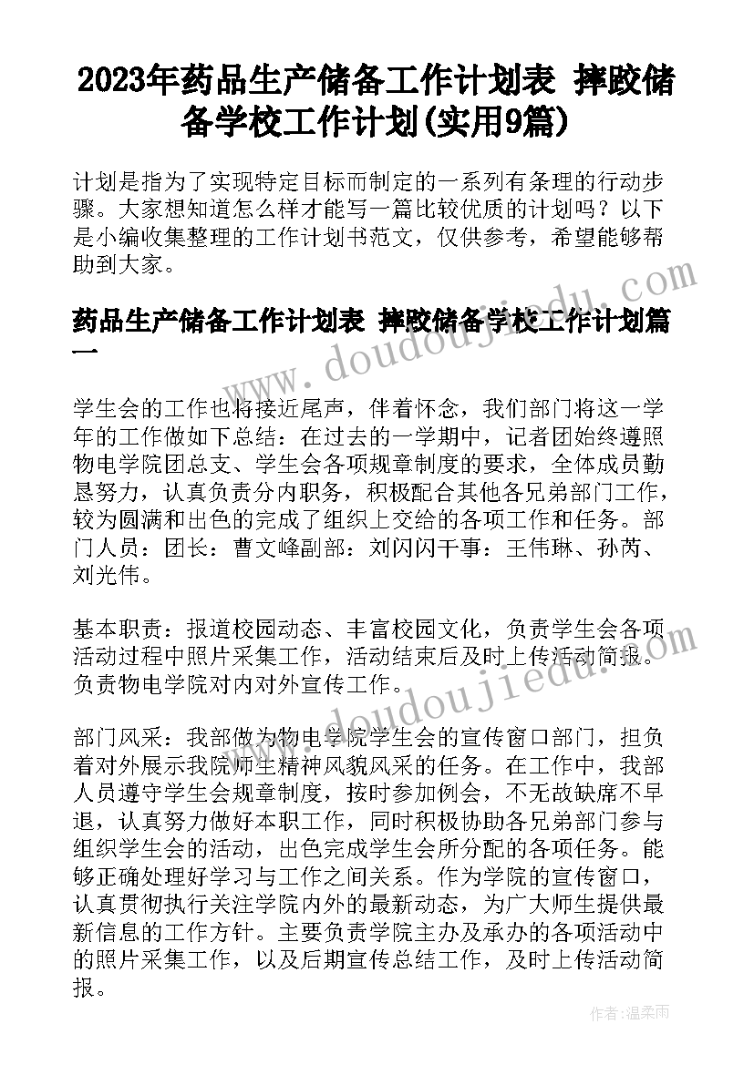 2023年药品生产储备工作计划表 摔跤储备学校工作计划(实用9篇)