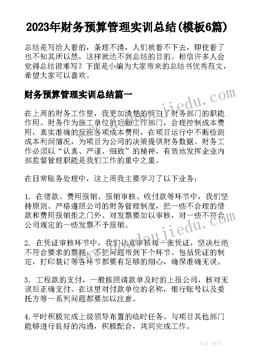 2023年财务预算管理实训总结(模板6篇)